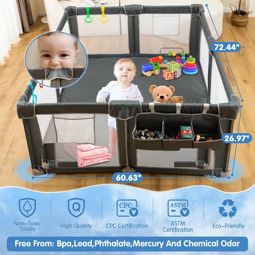 Miniatura 8 de CAPAKIDS Corralito plegable para bebés de 50 x 50 pulgadas con alfombra, listo para usar fuera de la caja para bebés y niños pequeños, patio