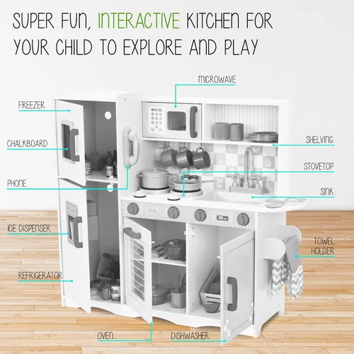 Miniatura 2 de Juego de cocina para niños Lil' Jumbl, cocina de madera de simulación con pizarra, teléfono de juego, toallero y dispensador de hielo, perillas