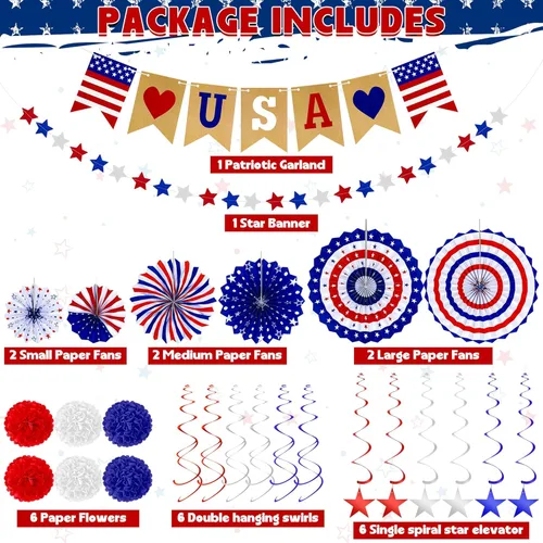 Miniatura 3 de 26 decoraciones del 4 de julio, 250 decoraciones para fanáticos del papel del Día de los Caídos, blanco, azul, rojo, blanco, azul, pancarta del 4