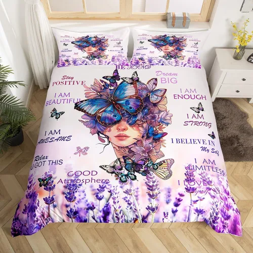 Miniatura 43 de Juego de funda de edredón para niños con diseño de gato lindo, tamaño individual, juego de ropa de cama con hojas de flores, luna, noche y cielo