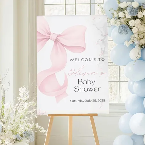 Miniatura 13 de Letrero de bienvenida personalizado para baby shower, letrero de bienvenida personalizado con lazo rosa para baby shower, póster de lazo rosa