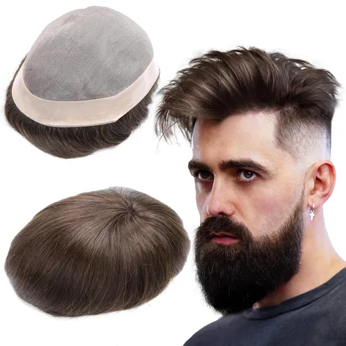 Miniatura 17 de Toupee - Sistema de reemplazo de cabello para hombres, cabello humano real, 5 x 7 pulgadas, base de encaje mono, extensión duradera para hombre