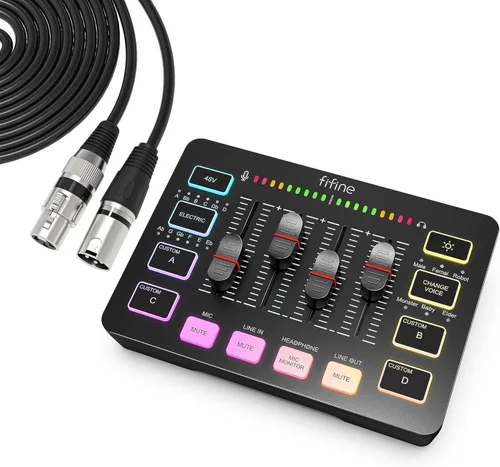 FIFINE Mezclador de audio para juegos con paquete de cable XLR, mezclador de PC RGB de transmisión con cable de micrófono, interfaz XLR, atenuadores