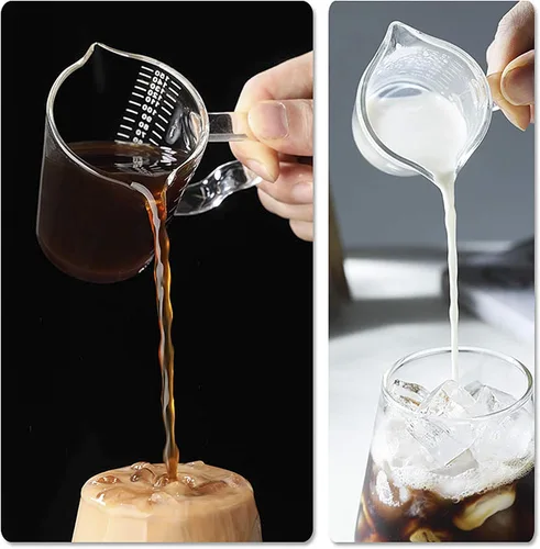 Miniatura 3 de Taza medidora de vidrio de 4 1/2 onzas con doble boquilla para café expreso, vaso graduado con mango aislado, jarra triple de escala transparente