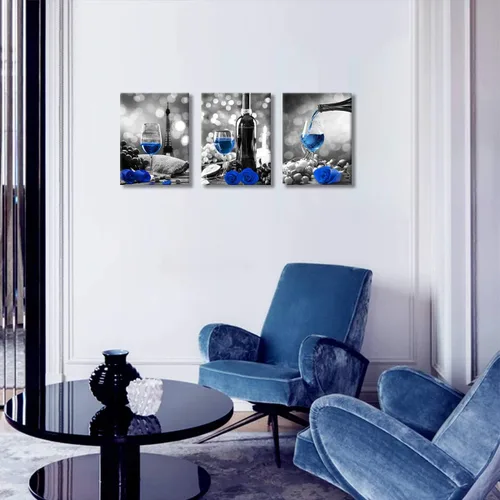 Miniatura 5 de Obras de arte de rosas de vino para paredes del hogar, blanco y negro con pintura de vino azul, decoración de comedor, cuadros de cocina azules