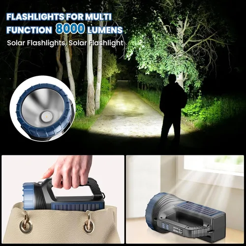 Miniatura 2 de E-SHIDAI Linterna solar, linterna alimentada por energía solar para múltiples funciones de 8000 lúmenes con emergencia, linternas recargables