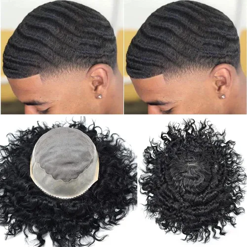 Miniatura 19 de Afro - Tupé para hombre, duradero, base fina, mono, rizado, cabello ondulado africano, piezas para hombres negros, mono encaje de poliuretano