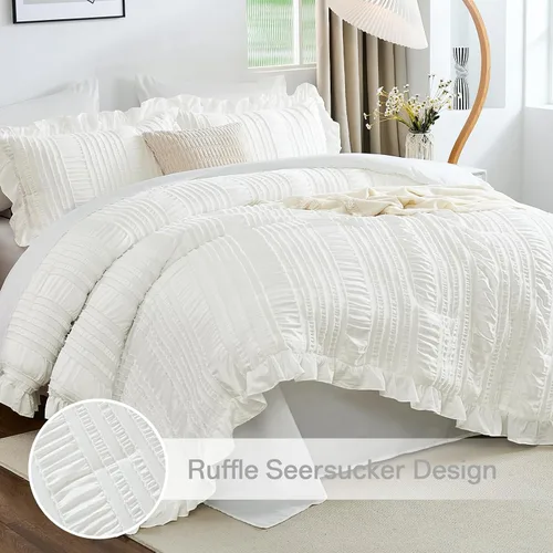 Miniatura 2 de Juego de edredón Queen de WONG BEDDING, edredón blanco y lindo con volantes para cama Queen, juego de 7 piezas en una bolsa, juego de cama