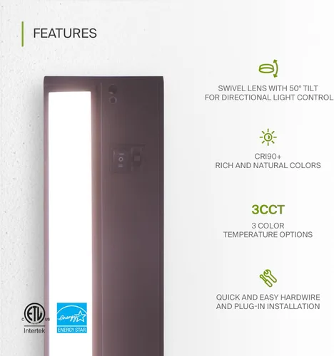Miniatura 3 de ASD Iluminación LED giratoria para debajo del gabinete color bronce, 24 pulgadas 12W, con cableado o enchufe, 2700K/3000K/4000K, interruptor