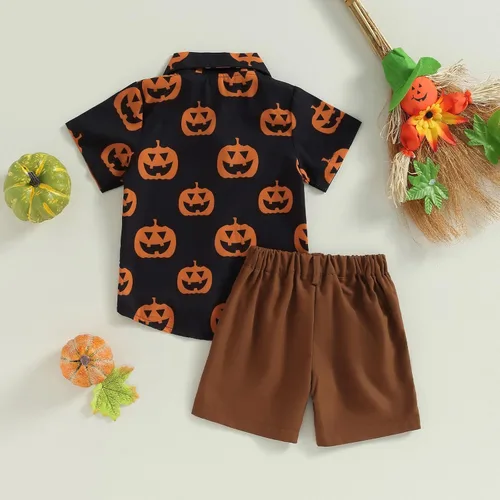 Miniatura 7 de Gueuusu Ropa de Halloween para bebé niño, camisa de manga corta con botones y cintura elástica, 2 piezas, traje de caballero