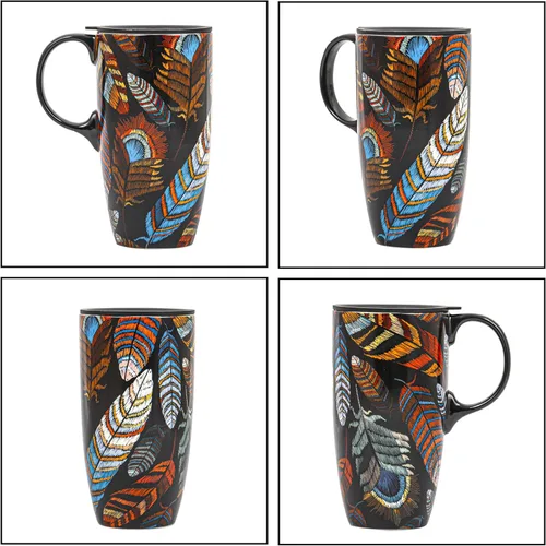 Miniatura 3 de Topadorn - Taza de viaje de cerámica de 17 onzas con tapa, taza de café de plumas boho con asa, taza grande de viaje de cerámica, apta