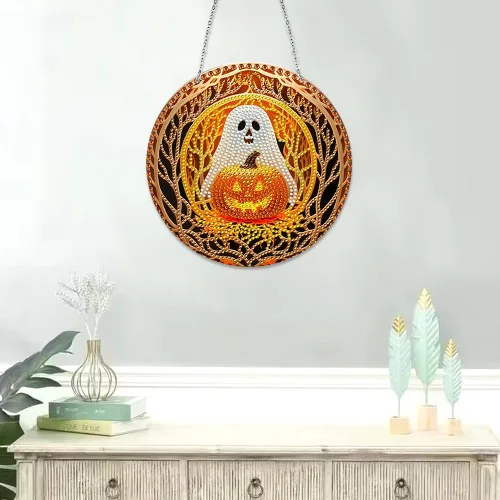 Miniatura 3 de LUSandy Kit de pintura de diamante de calabaza fantasma 5D para Halloween, letrero de arte de pared, diseño de calabaza, diamante, atrapasoles