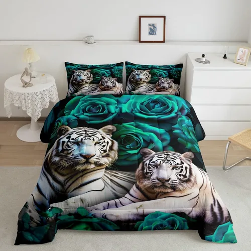 Miniatura 26 de Erosebridal Juego de ropa de cama de guepardo con rosa azul, juego de edredón con estampado de leopardo y gato, edredón romántico de plumón