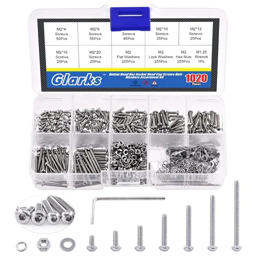 Glarks 1021 tornillos de cabeza de botón M2 304 de acero inoxidable hexagonal, tornillos y tuercas arandelas kit surtido con llave hexagonal para