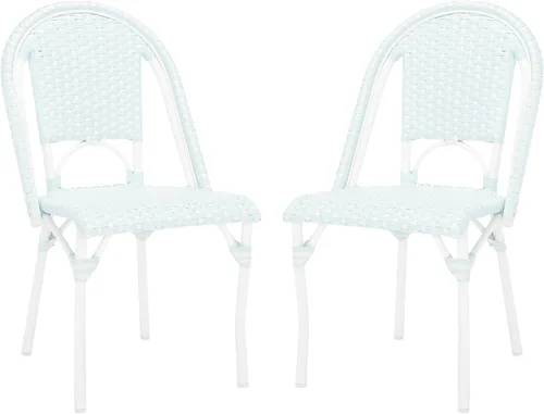 SAFAVIEH Juego de 2 sillas auxiliares California Bistro para exteriores, color azul y blanco, mimbre sintético y marco de aluminio, diseño tejido,