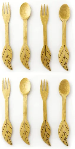Miniatura 6 de JB Home Collection 4580 Cucharas y tenedores reutilizables de bambú para aperitivo, frutas, postres, helado, yogur, especias, sal, azúcar, té verde
