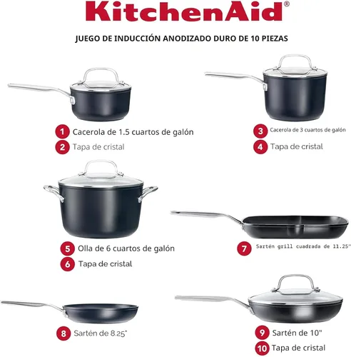 Miniatura 2 de KitchenAid - Juego de ollas y sartenes antiadherentes de inducción con anodizado duro, 10 piezas, color negro mate