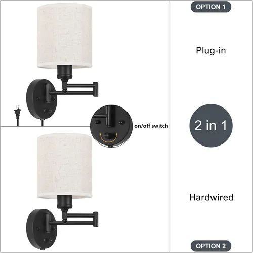 Miniatura 6 de CADUKE Juego de 2 lámparas de pared enchufables, lámparas de pared con brazo oscilante, modernos apliques de pared para dormitorio con pantalla