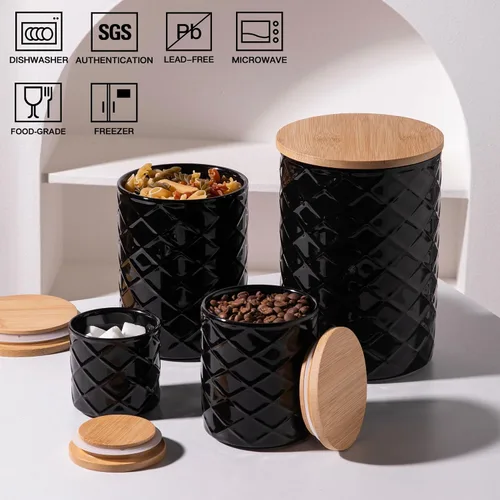 Miniatura 4 de Sweejar Juego de recipientes de cerámica para encimera de cocina, tarro de almacenamiento de alimentos en relieve con tapa de bambú, recipiente