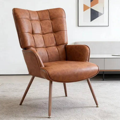 Miniatura 4 de Bafode Silla decorativa moderna Mid-Century - Sillón de piel sintética con cuadrícula para sala de estar, dormitorio y oficina, cómoda silla