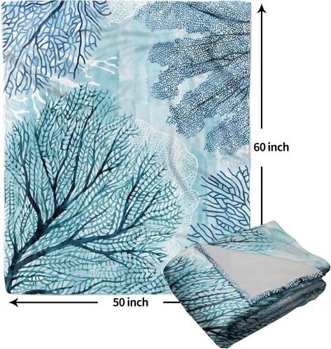 Miniatura 2 de Manta náutica costera, acuarela, verde azulado, azul, coral, manta de franela suave con temática oceánica, manta decorativa ligera para sofá