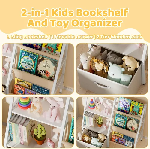 Miniatura 5 de Estantería infantil de 3 niveles y organizador de juguetes con cajón móvil, estantería Montessori organizador de juguetes, estantería para niños
