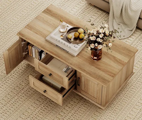 Miniatura 4 de WAMPAT - Mesa de café de granja con gabinete de almacenamiento, mesas de café de madera para la sala de estar, mesa de té rústica rectangular