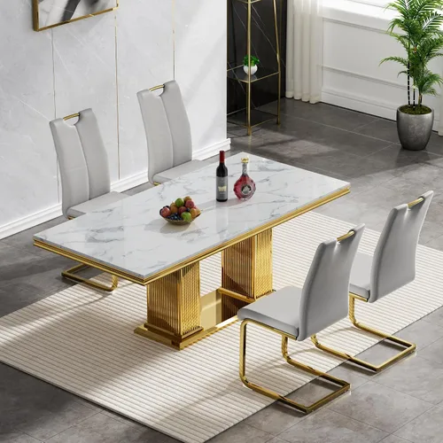 Miniatura 37 de Juego de mesa de comedor de 5 piezas, moderno juego de mesa de comedor para 4, 70 pulgadas, juego de mesa de comedor de mármol sintético blanco