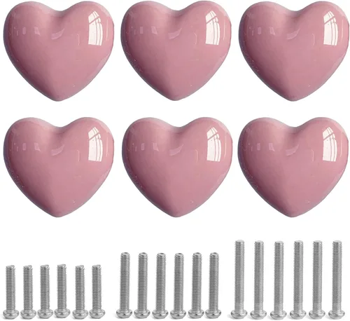 Miniatura 12 de Pomos de cerámica para cajones en forma de corazón, tiradores de armario con tornillos de 3 tamaños, pomos para muebles de cocina para armario, Rosa