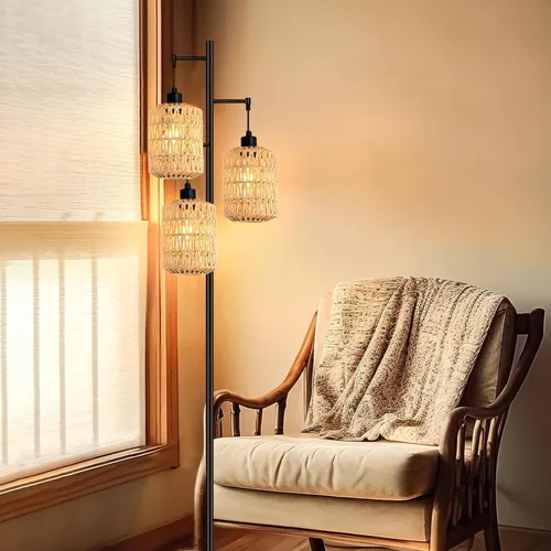 Miniatura 9 de QIYIZM - Lámpara de pie con diseño de árbol de 3 bombillas; alta, rústica, estilo rural, industrial y boho, pantalla de mimbre y bambú; para sala