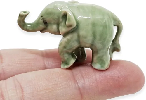 Miniatura 2 de ChangThai Design Pequeña figura de elefante gris claro de 1 pulgada para elevar el tronco – Miniatura hecha a mano de cerámica pintada a mano