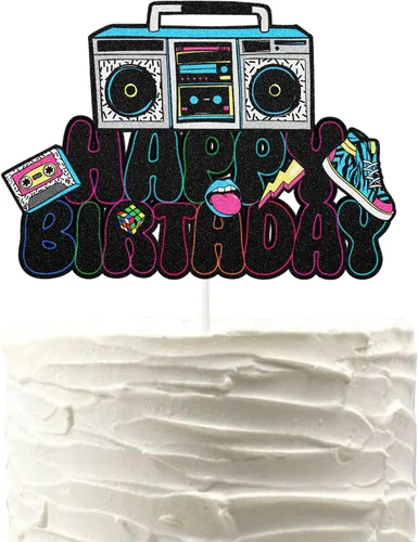 Decoración retro para tartas de cumpleaños de los años 90, decoración de pastel de discoteca hip hop con cinta de casete Boombox y tenis para