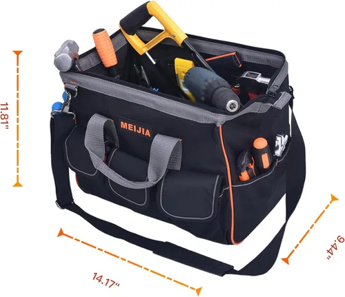 Miniatura 3 de MEIJIA Bolsa de herramientas impermeable resistente, organizador de herramientas de lona de boca ancha de 14 pulgadas con correa de hombro ajustable