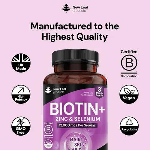 Miniatura 4 de Vitaminas Biotin para el cabello, la piel y las uñas, 12000 mcg de alta resistencia, promueve la salud del cabello, la piel y las uñas, vitaminas