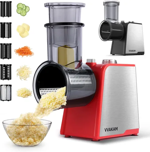 Rallador de Queso Eléctrico 5 en 1, 300W Fabricante de Ensaladas, Rallador Eléctrico para Queso en Bloque, Rebanadora Trituradora Eléctrica de Rojo