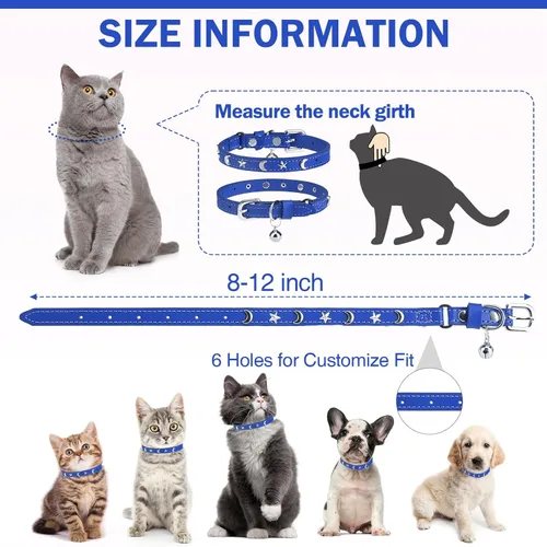 Miniatura 4 de Collares de cuero DILLYBUD para gatos niño y niña con campana y cinturón elástico de seguridad, collar ajustable con hebilla de seguridad Blue_Star