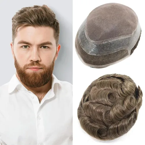 Miniatura 7 de HAPPY&CC Toupee - Piezas de cabello humano con encaje frontal suizo para hombre, parte superior fina mono con poliuretano alrededor de sistema de #1B