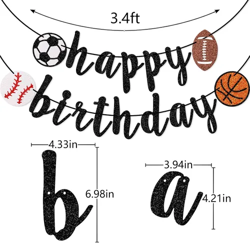 Miniatura 2 de Cartel deportivo de feliz cumpleaños, pancarta de cumpleaños con purpurina, fútbol, béisbol, fútbol, baloncesto (negro)