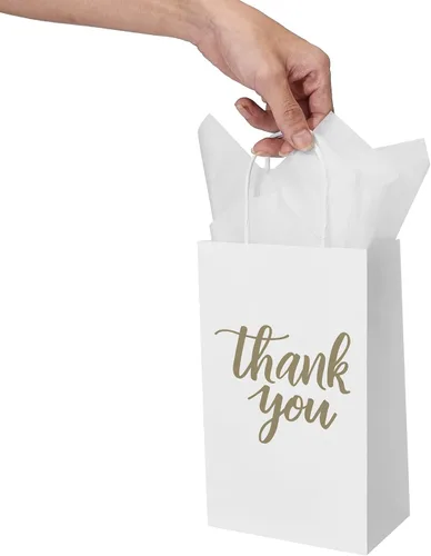 Miniatura 6 de DjinnGlory Paquete de 50 bolsas pequeñas de regalo de agradecimiento con asas, bolsas de papel blanco de 9 x 5.5 x 3.15 pulgadas con papel de seda
