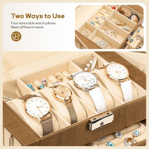 Miniatura 4 de Homde Caja de joyería enorme de cuero sintético, organizador de reloj con espejo, collar, anillo y aretes, caja de regalo con cerradura (marrón)