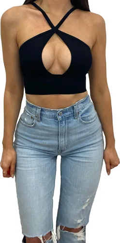 Miniatura 2 de Anova Top corto negro sexy con corte entrecruzado, agujero de cerradura debajo del pecho, cuello en V profundo profundo, top halter para salir