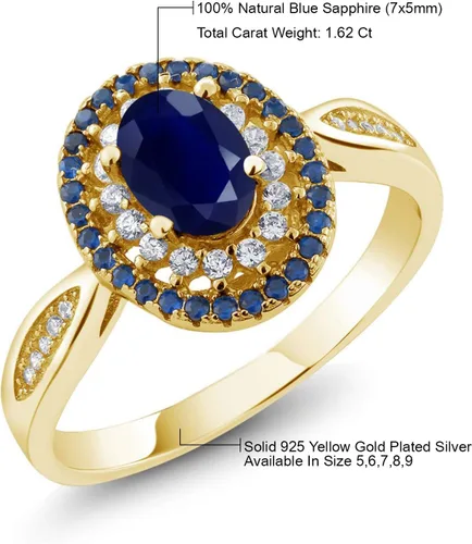 Miniatura 7 de Gem Stone King Anillo de plata chapada en oro amarillo de 18 quilates de 0.276 x 0.197 in con piedra preciosa ovalada con doble halo, compromiso