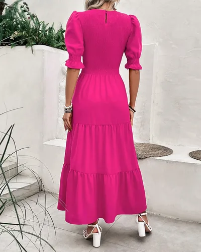 Miniatura 149 de BTFBM Vestidos para mujer, cuello redondo, casual, de verano, con volantes, manga corta, bohemio, con niveles, fruncido, largo, con estampado floral