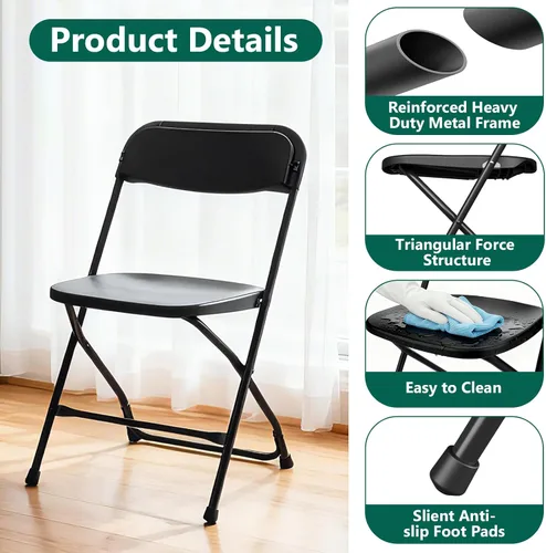 Miniatura 5 de Paquete de 2 sillas plegables de plástico negro, sillas plegables portátiles para exteriores con marco de acero, capacidad de 350 libras, sillas