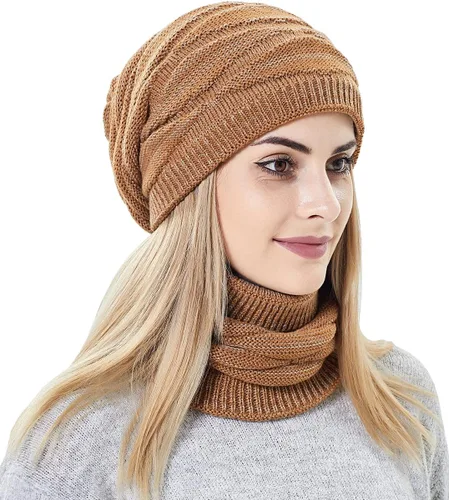 Miniatura 2 de Conjunto de gorro y bufanda para mujer para niñas, gorro de esquí de invierno de punto cálido con forro polar