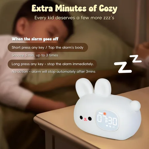 Miniatura 8 de Reloj despertador de conejo con luz nocturna para niños con entrenamiento del sueño y máquina de sonido, lámpara de silicona recargable