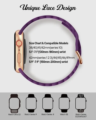 Miniatura 3 de Sunnywoo - Correa deportiva de encaje de silicona compatible con Apple Watch de 38, 40, 41, 42, 44, 45, 46 y 49 mm para mujeres, correa de muñeca