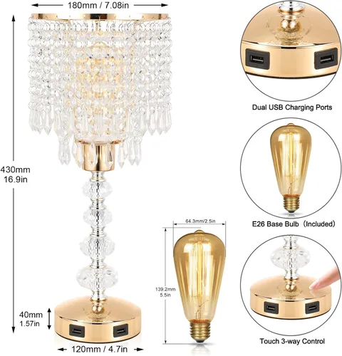 Miniatura 5 de Lámpara de mesa de cristal con control táctil, regulable de 3 vías, lámpara pequeña para mesita de noche con 2 puertos de carga USB, lámpara de mesa
