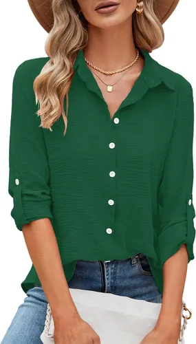 Miniatura 43 de Odosalii - Camisas con botones para mujer, con cuello en V, manga larga, enrolladas, blusas elegantes y formales para negocios y ocasiones casuales