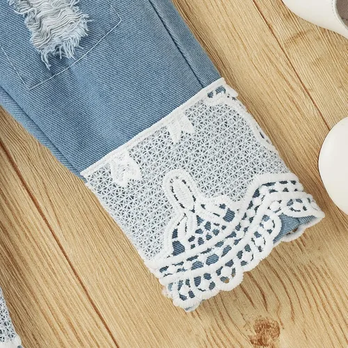 Miniatura 6 de Conjunto de ropa de bebé niña para bebé, mameluco de encaje blanco de manga larga + pantalones de mezclilla